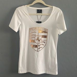 White Tee with metallic gold Porsche logo